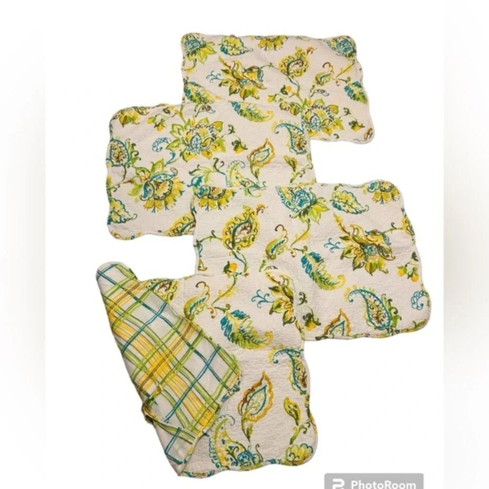 Cottage Butter yellow set of 4 standard quilted pillow shams Scalloped floral